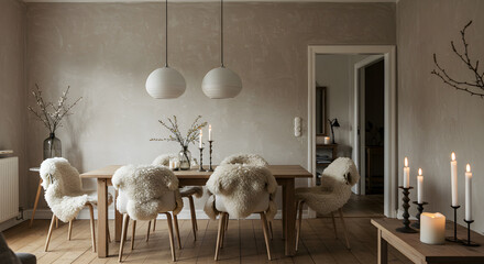 Scandinavian Dining Area with Sheepskin Rugs and Candleholders Interior Concept