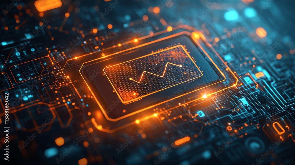 Poster abstrafuturistic microchip with glowing orange circuits and data visualization, representing artific