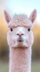 Fototapeta premium The cute pink alpaca stands proudly, showcasing its soft fur and curious expression against a blurred background, capturing the essence of a serene day