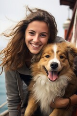 Young attractive woman sitting at the pier with her dog. Hugging and stroke lovely pet. Generative AI.