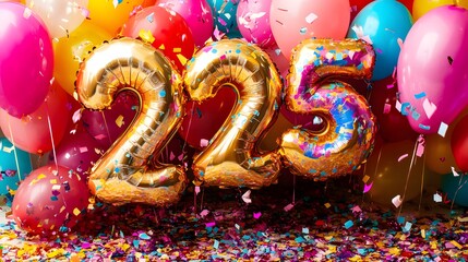 A vibrant balloon display with the numbers twenty twenty five surrounded by confetti and streamers