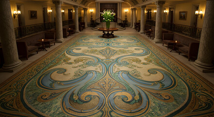 Obraz premium Elegant Art Nouveau Mosaic Flooring in Historic Hotel Lobby Setting