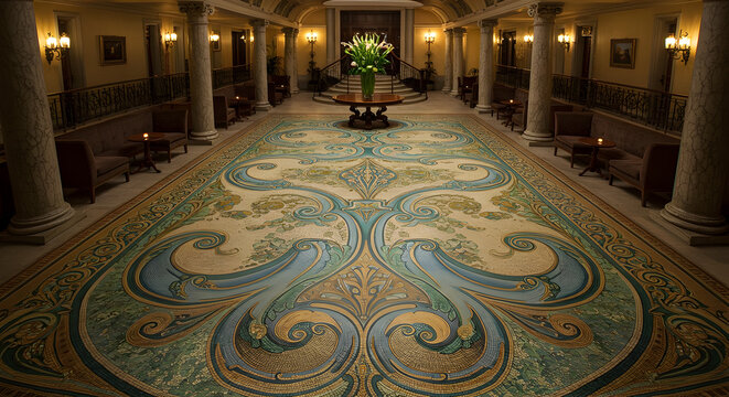 Elegant Art Nouveau Mosaic Flooring in Historic Hotel Lobby Setting