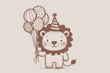 Cute lion sketch with balloons and birthday hat, pastel card style
