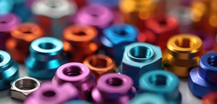 Close-up of anodized aluminum nuts and bolts in diverse vivid colors. Metallic components displayed in detail. Shiny hardware for tech projects. Industrial engineering parts.