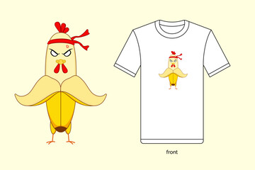 Cute cartoon chicken banana illustration in vector design, with T-shirt mockup. EPS 10