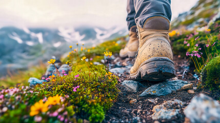 Hiking boots on natural trail, low-impact steps in alpine environment, sustainable walk through mountain flora, respectful travel in wild spaces. For ecotourism themes, mindful adventures, copy space.