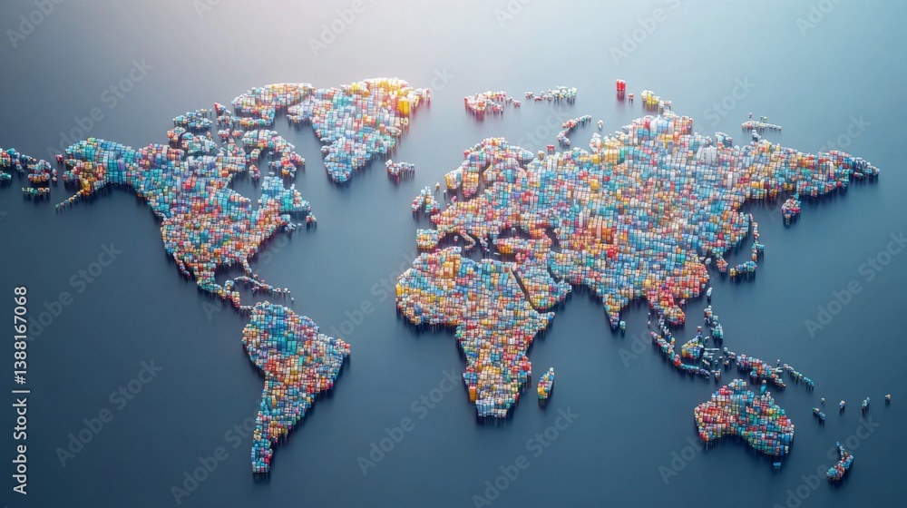 Poster global map made of colorful blocks creative artwork digital design abstract environment top-down vie