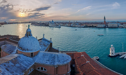 Aerial view of Venice from the Cathedral San Giorgio Maggiore bell tower, Venice.