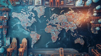 Global shipping operations port aerial view industrial environment world map logistics concept