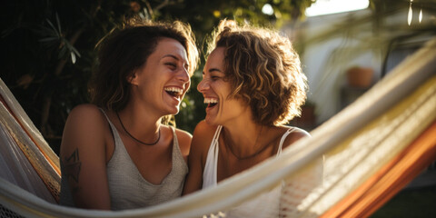 Happy lesbian couple in a hammock. Girls relax in nature, laugh with happiness. Generative AI.
