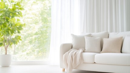 A cozy white sofa with soft cushions in a bright living room, large window with sheer curtains, green plant adding natural touch, and serene and minimalist interior.