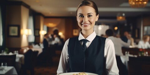 A girl waitress in a special uniform stands in a restaurant with a dish. Generative AI.