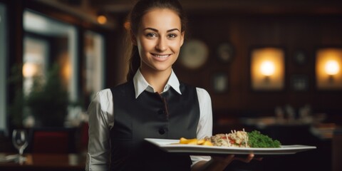 A girl waitress in a special uniform stands in a restaurant with a dish. Generative AI.