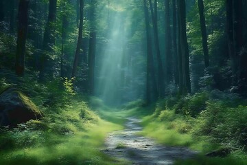 Fototapeta premium Sunlight filtering through the trees on a forest path