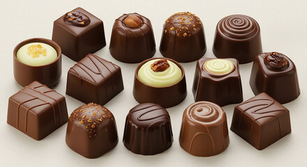 An assortment of chocolate candies in various shapes and designs.