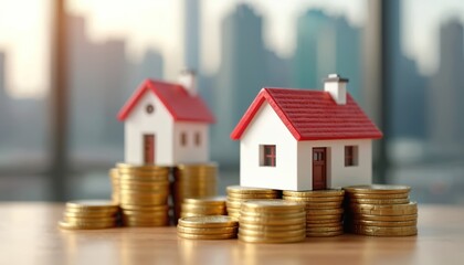 Toy houses stand on stacks of coins against city. Concept illustration household debt crisis, government economic intervention. Rising house prices, financial burden, housing market. Investment, real