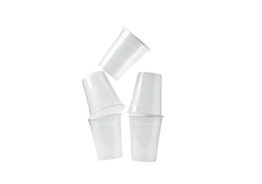 A floating in mid air stack of plastic cups artistically arranged  on a solid white background