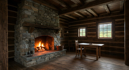 Inviting Cabin Interior Featuring Stone Fireplace and Rustic Wooden Beams