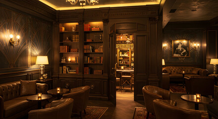 Elegant Speakeasy Lounge with Hidden Door Behind Bookshelves High End Interior