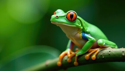 Green tree frog perched on white, vibrant skin, crisp, color, wildlife