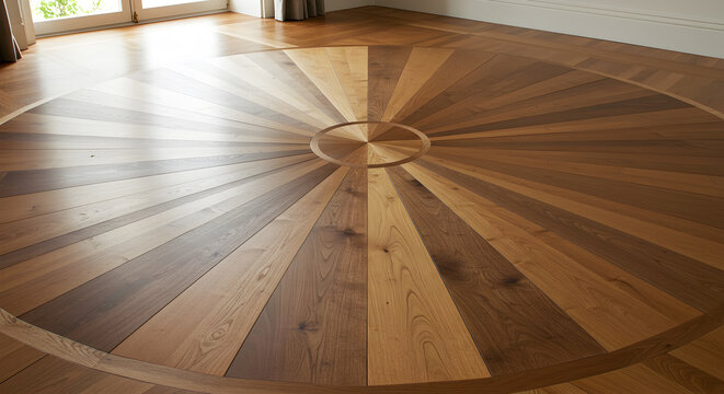 Elaborate Parquet Flooring Pattern Radiating From The Center Of Room