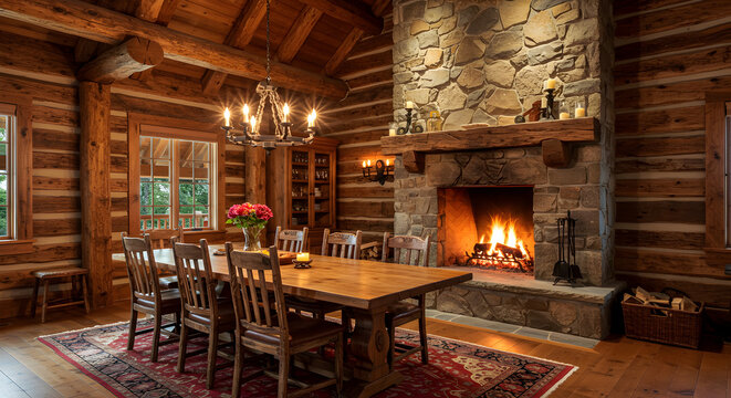 Inviting Rustic Dining Room Interior with Stone Fireplace and Log Walls