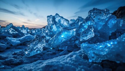 Obraz premium Glacial Ice Fragments: Translucent Blue on Shoreline at Dusk