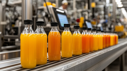 Bottled Fruit Juices on Conveyor Belt in Beverage Facility