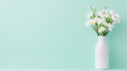 Fototapeta premium Simple white flowers in a vase on mint green background