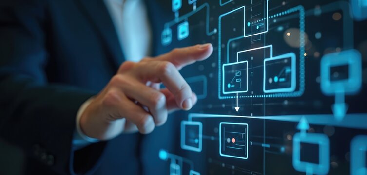 Businessman points flowchart processing management. Scheme of hierarchy management with business process, workflow on virtual screen. Man finger touching digital interface. Innovation in corporate