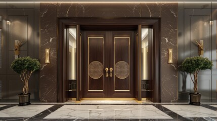 A luxurious double front door made of polished mahogany and gold accents