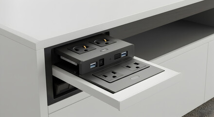 Obraz premium Innovative Retractable Power Outlets Emerging From Sleek Coffee Table Design