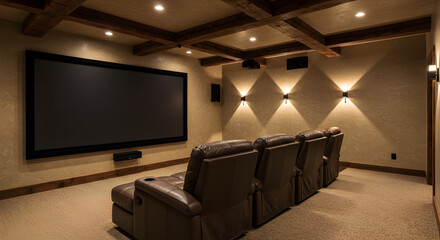Elegant Home Theater with Wooden Beams and Luxurious Leather Recliners
