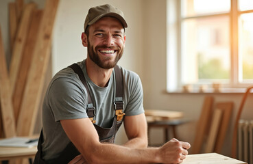 Happy carpenter man smiles in workshop. Smiling male builder in cap and work clothes. Skilled handyman working with wood, home renovation DIY project. Smiling guy at work.