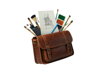 A floating stylish leather bag filled with sketching supplies, on a solid white background