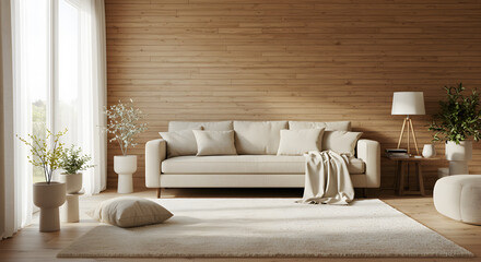 Cozy Scandinavian Inspired Living Room Interior with Natural Wood Accents