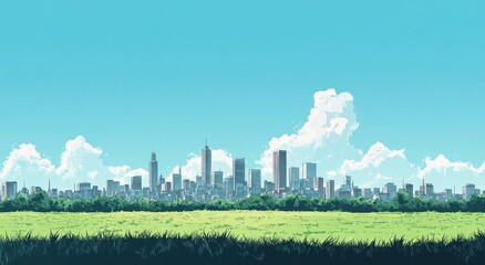 An animated illustration showing a cityscape and a green grassy field