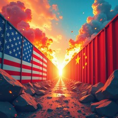 Conflict between two nations illustrated through symbolic containers at sunset