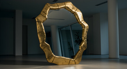 Sculptural Floor Mirror with Asymmetrical Gold Frame Interior Design