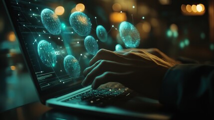 Typing on Laptop Displaying Digital Fingerprint Icons and Network Connection