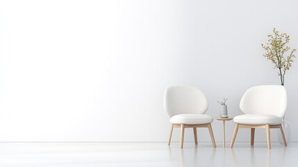 Two white chairs with light wood legs sit opposite each other. A small wooden table sits between them, holding a small vase. A simple branch with pale yellow flowers stands nearby. The minimalist sce
