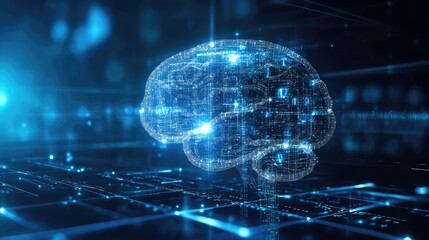 An intricate digital representation of a glowing blue brain surrounded by a network of data, symbolizing intelligence, innovation, and the power of technology in the modern age