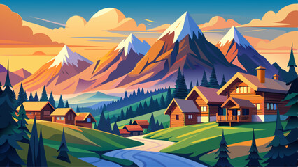 Fototapeta premium Alpine scenery with mountain chalets at sunset in summer