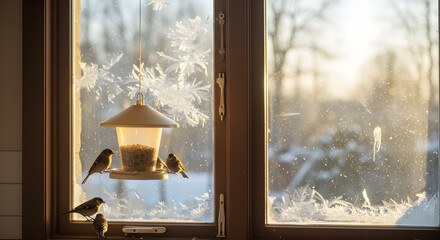 Winter Morning Scene of Birds Feasting at a Window Bird Feeder