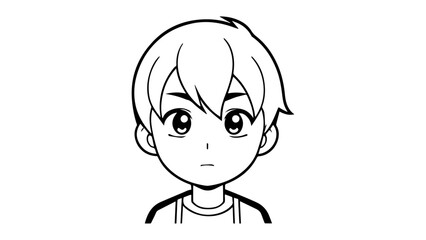 Black and White Illustration of a Young Cartoon Boy with Big Eyes,  line art of a young male character with expressive anime-style eyes and short hair