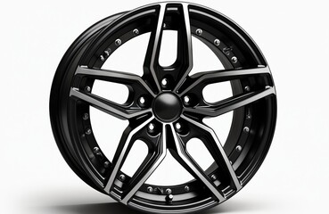 Obraz premium Isolated racing car alloy wheel on white background. Auto part, shiny, modern automotive design. Black and silver rim, detail. Transport, industry, technology, speed.
