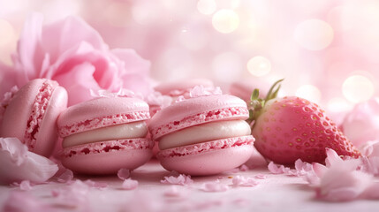 Delicate pink strawberry macarons, a classic French dessert, perfect for a morning breakfast in soft lighting