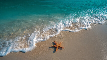 Obraz premium Ocean wave foam on sandy beach, single starfish. Summer, vacation, tranquility concept
