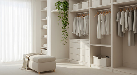 Elegant Walk In Closet Design Featuring Neutral Tones And Natural Accents
